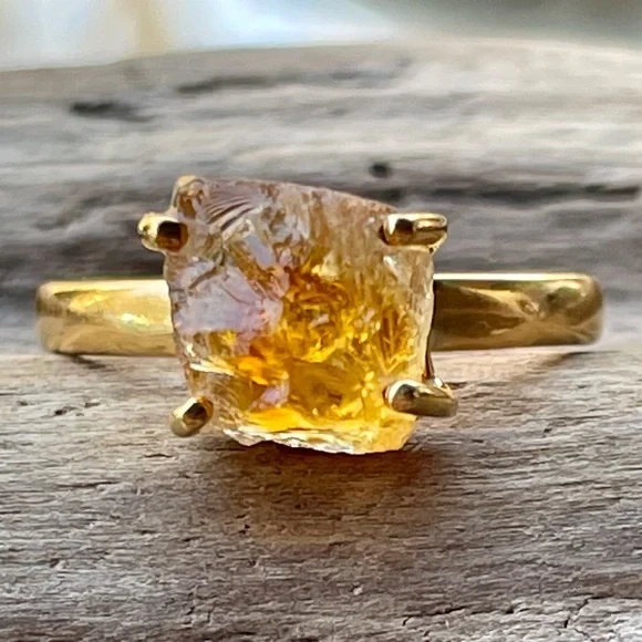 18k Gold Vermeil Natural Citrine Rough (Brazil) Ring | sz 9.5 - Picture 4 of 11
